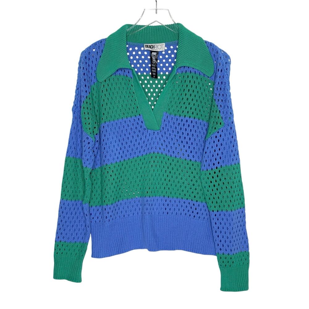 BEACH RIOT Wynn Top Open Knit M Garden Green Blue Colorblock Collared